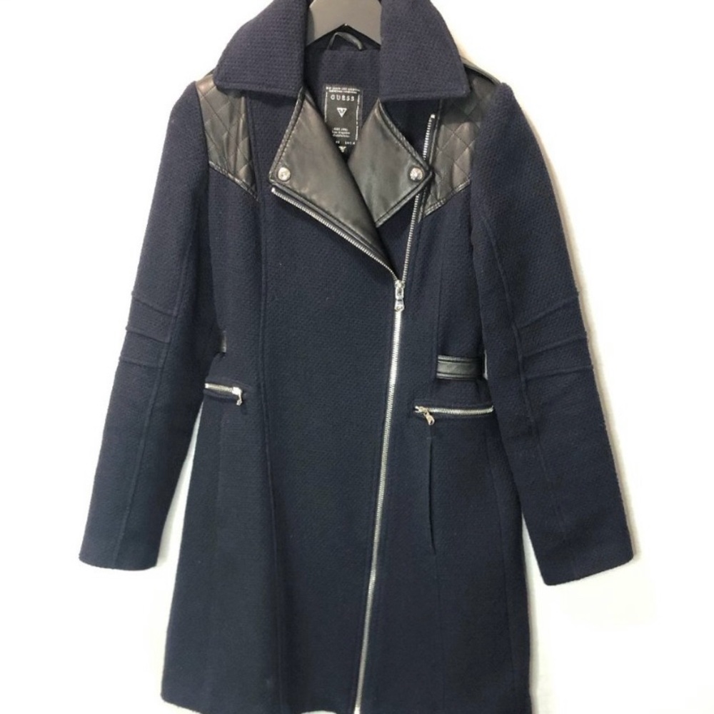 GUESS Navy & Black Wool Trench Coat w/faux Leather Zipper Detail